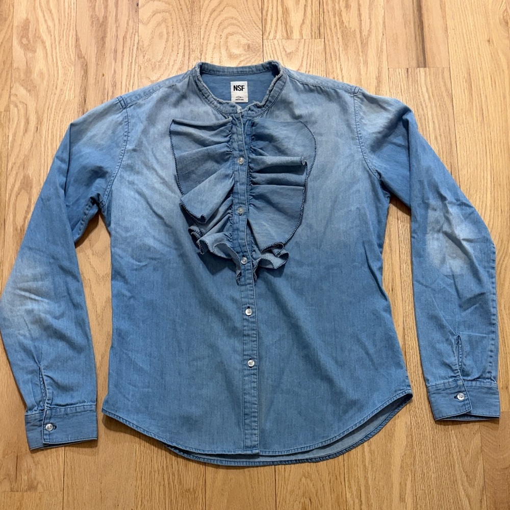 NSF Light Blue Denim Ruffle-Front Button-Down Shirt